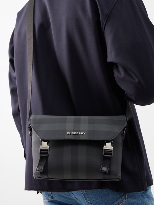 Burberry Preston London Check Leather Messenger Bag in Black for Men