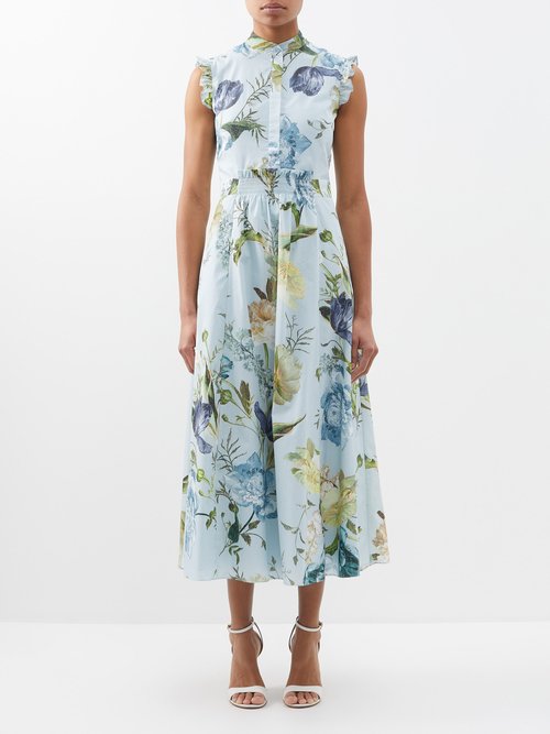 Erdem - Evie Ruffled Floral-print Cotton-poplin Dress - Womens - Blue Multi