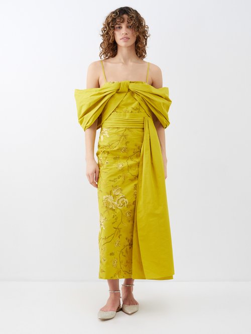Erdem Evora Embroidered Cotton Faille Gown In Chartreuse