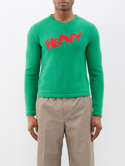 Erl - Heavy Slogan-appliqué Cotton-blend Sweater - Mens - Green Multi