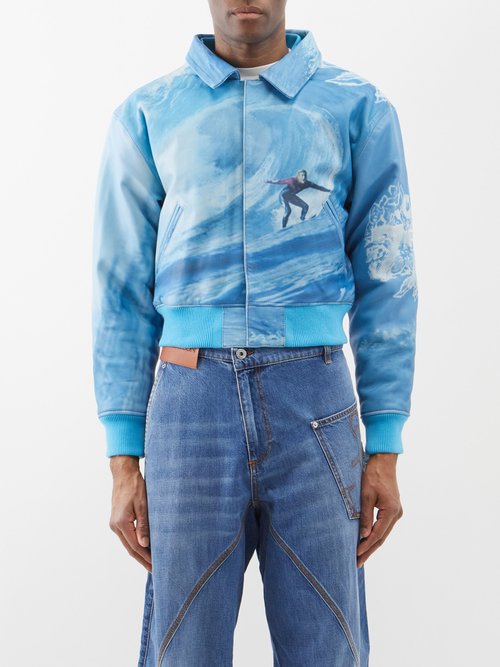 Erl Graphic-print Leather Bomber Jacket In Blue