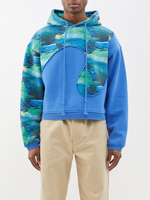 Erl - Swirl Fleeceback Cotton-blend Hooded Sweatshirt - Mens - Blue Multi