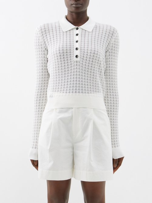 Proenza Schouler White Label - Open-knit Cotton-blend Long-sleeved Polo Shirt - Womens - Off White