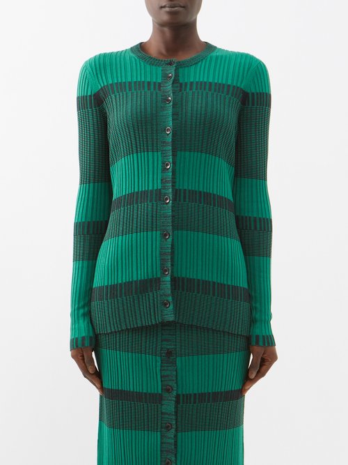 Proenza Schouler White Label - Striped Ribbed Silk-blend Cardigan - Womens - Green Black