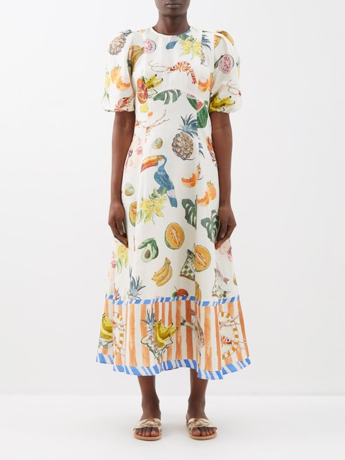 Ale mais - Theo Printed Linen-blend Midi Dress - Womens - Multi