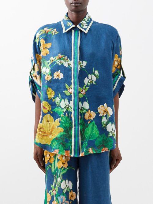 Ale mais - Lyla Floral-print Linen-twill Shirt - Womens - Blue Multi