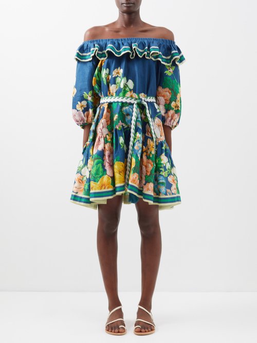 Ale mais - Lyla Off-the-shoulder Floral-print Linen Dress - Womens - Blue Multi