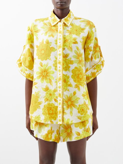 Ale mais - Sonny Floral-print Linen Shirt - Womens - Yellow Multi