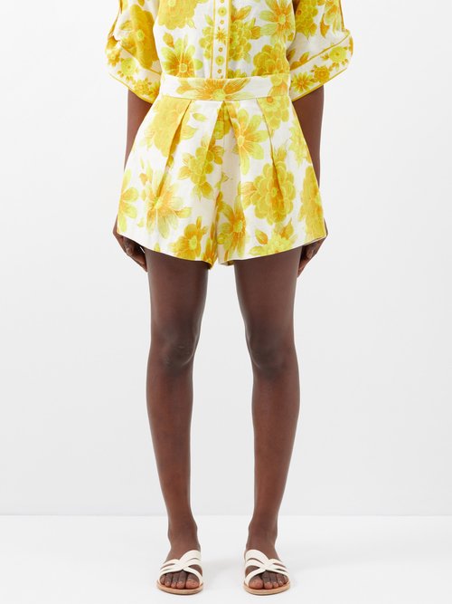 Ale mais - Sonny Floral-print Linen-twill Shorts - Womens - Yellow Multi