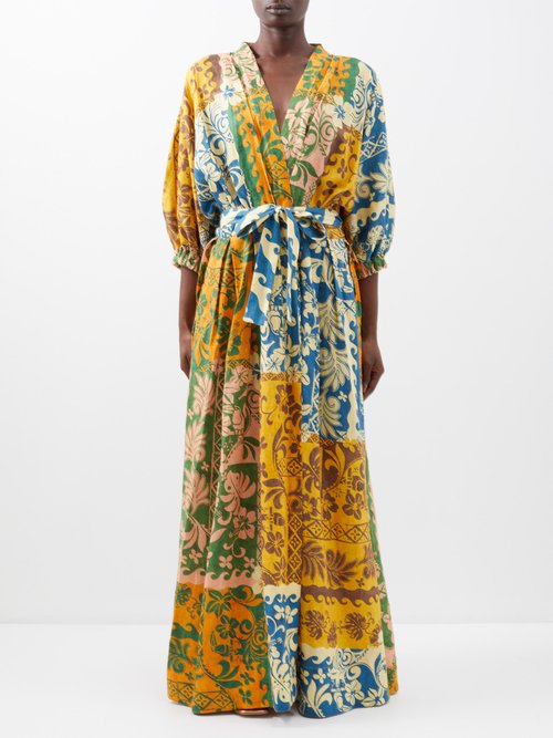 Ale mais - Archie Patchwork-print Linen Maxi Dress - Womens - Multi