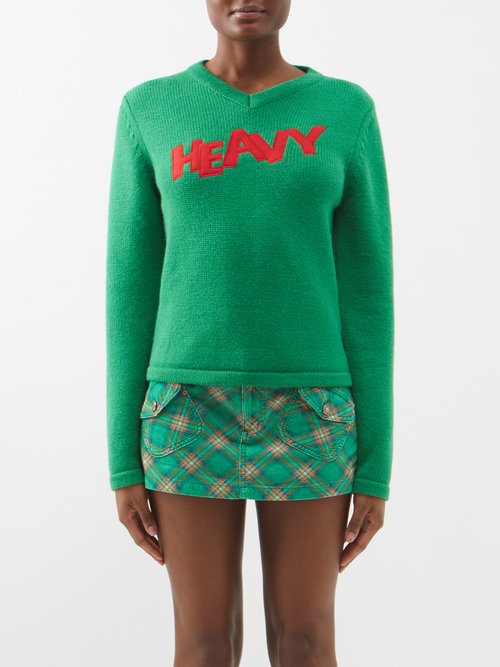 Erl - Heavy-appliqué V-neck Cotton-blend Sweater - Womens - Green