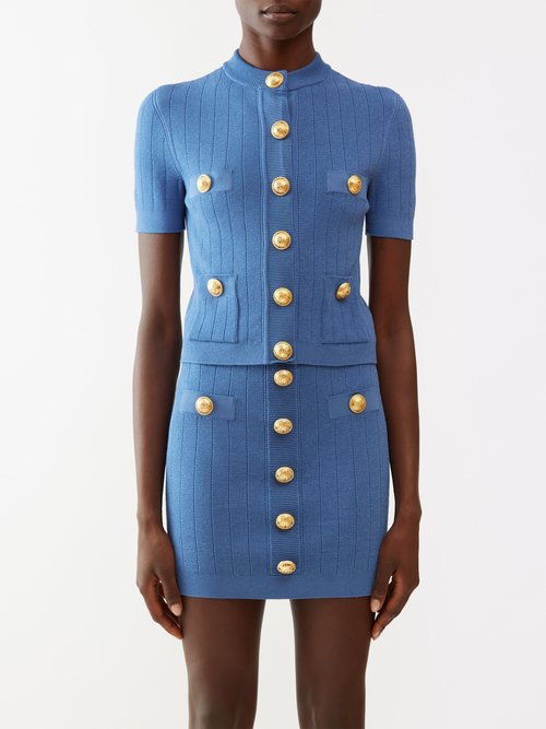 Balmain - Buttoned Knitted Short-sleeved Cardigan - Womens - Blue