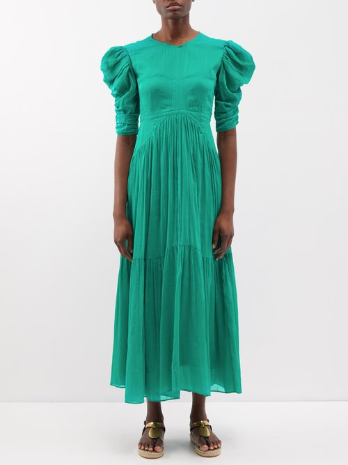 Isabel Marant Bealisa Open-back Ruched Cotton And Silk-blend Crepon Midi Dress In Green