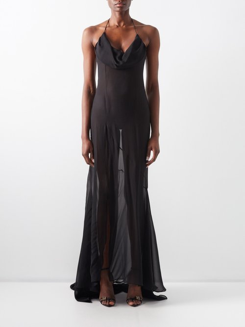 Alessandra Rich Halterneck Side slit Silk georgette Gown