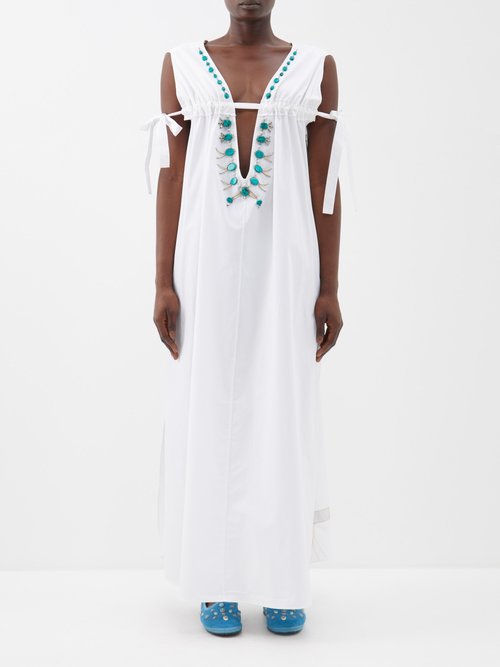 Fortela Afef V-neck Beaded Cotton Maxi Dress In White
