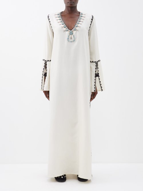 Fortela Avalie Embroidered Maxi Dress With Turquoise Details In Off