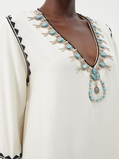 Shop Fortela Avalie Crystal-embellished Silk Kaftan In Off White