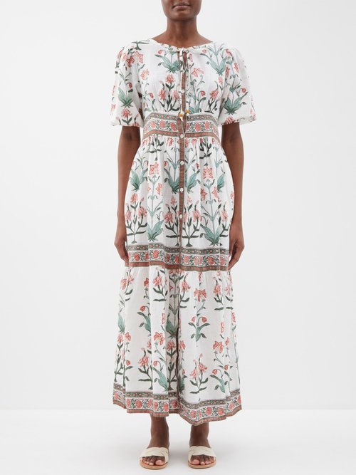 Hannah Artwear - Camilla Floral-print Linen Maxi Dress - Womens - White Multi