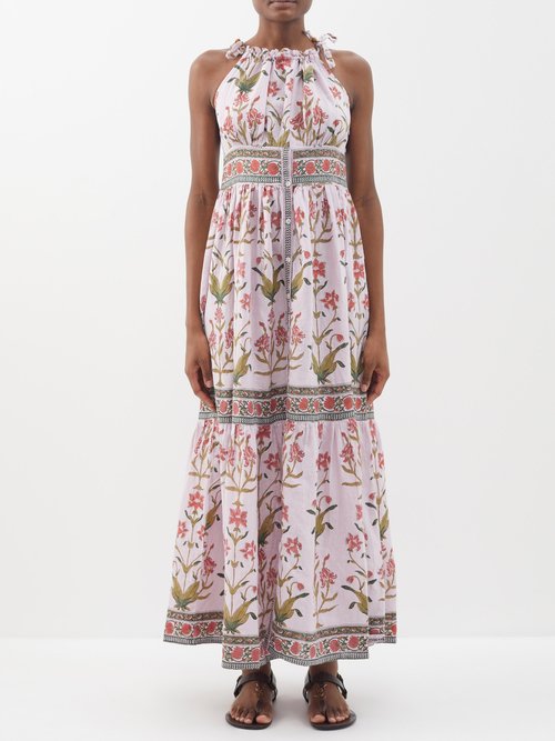 Hannah Artwear - Ari Aurora-print Linen Midi Dress - Womens - Pink Multi