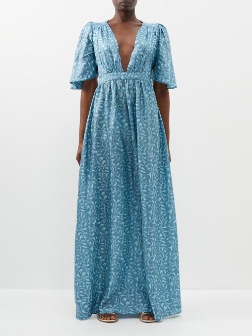 Hannah Artwear Suri V-neck Aster-print Silk-habotai Dress