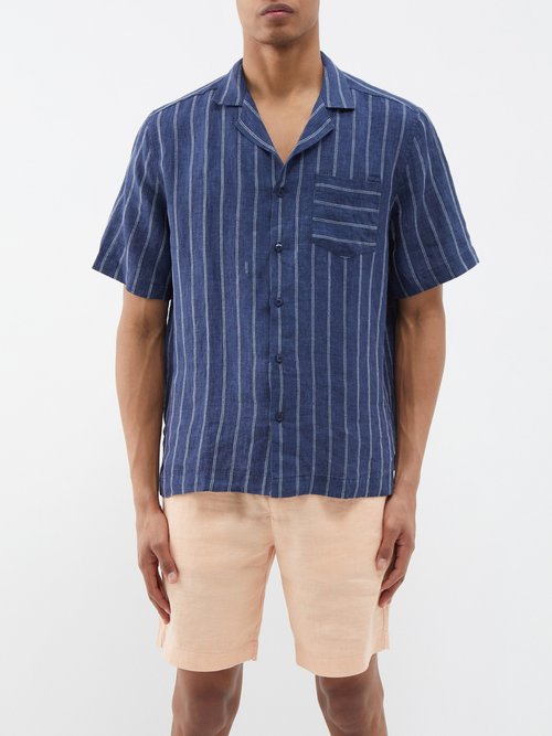 frescobol carioca - cuban-collar pinstriped linen short-sleeved shirt mens navy