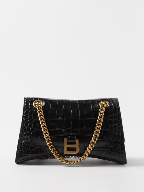 Crush Medium Croc Effect Leather Shoulder Bag in Black