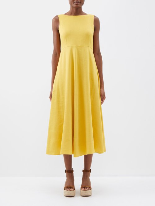 Weekend Max Mara Womens Bright Yellow Scafati Flared-hem Linen-blend Midi Dress