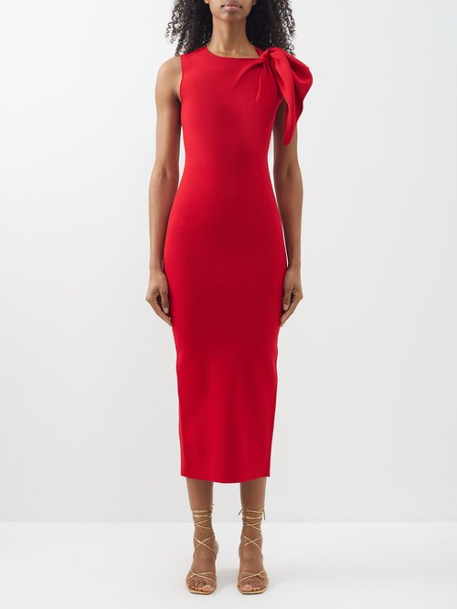 Roland Mouret - Bow-shoulder Technical-knit Midi Dress - Womens - Red