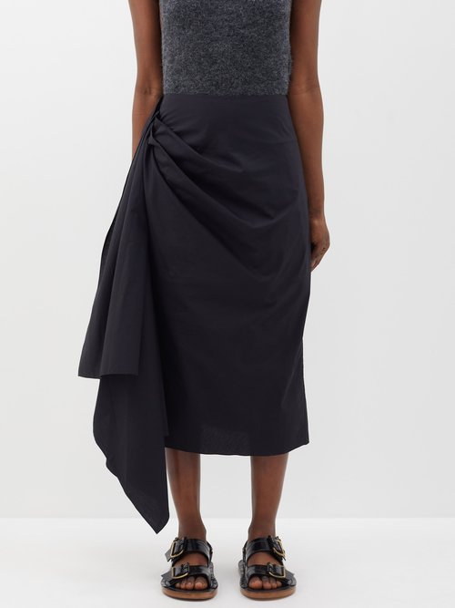 Lee Mathews - Posey Asymmetric Cotton Midi Skirt - Womens - Black