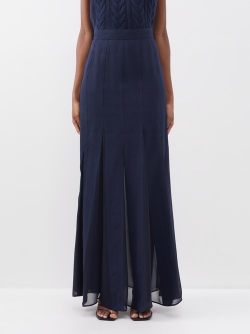 Max Mara Nicia Pleated Georgette-trimmed Linen And Cotton-blend Twill Maxi Skirt In Blue