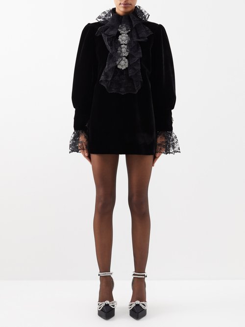 Richard Quinn - Floral-lace Velvet Mini Dress - Womens - Black