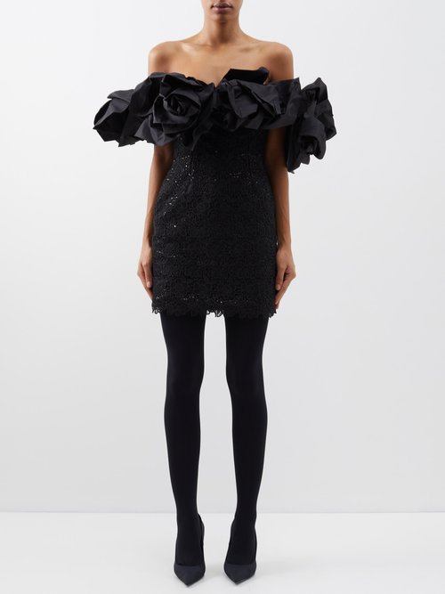 Richard Quinn - Gathered Off-the-shoulder Guipure-lace Mini Dress - Womens - Black