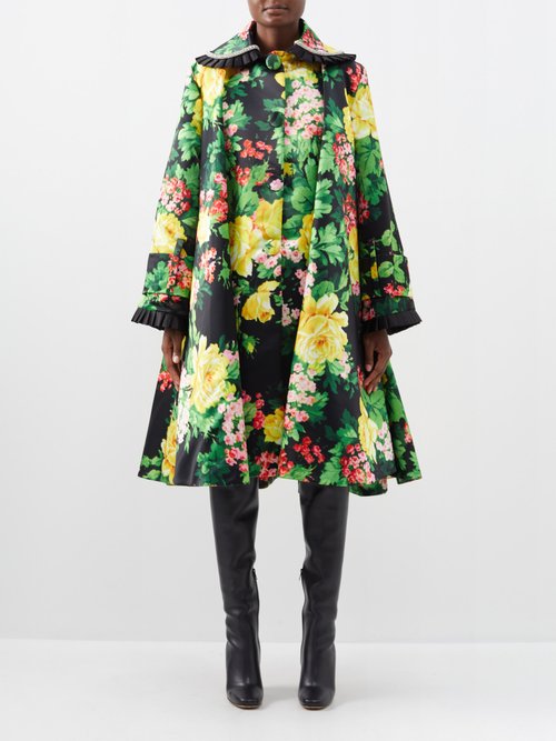 Richard Quinn - Floral-print Duchess-satin Coat Dress - Womens - Black Multi