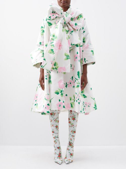 Richard Quinn - Amelia Floral-print Satin Coat Dress - Womens - White Pink Green