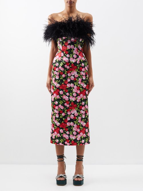 Richard Quinn - Feather-trim Floral-print Satin Midi Dress - Womens - Black Pink