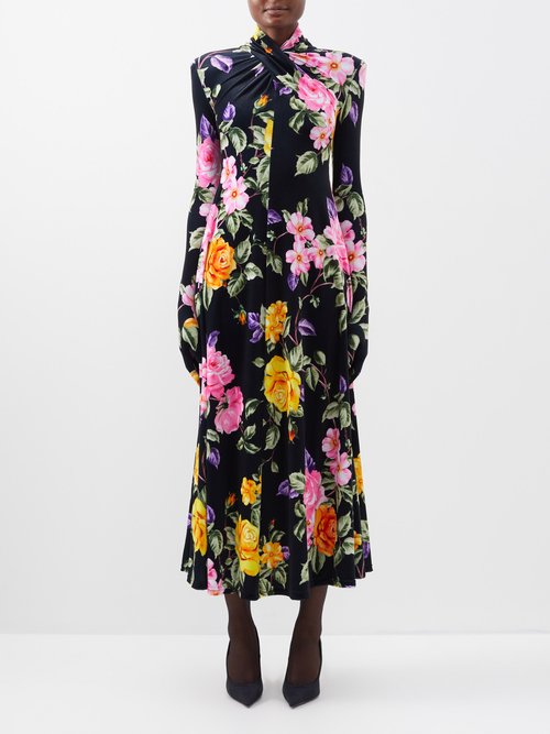 Richard Quinn - Floral-print Gloved-sleeve Velvet Dress - Womens - Black Pink