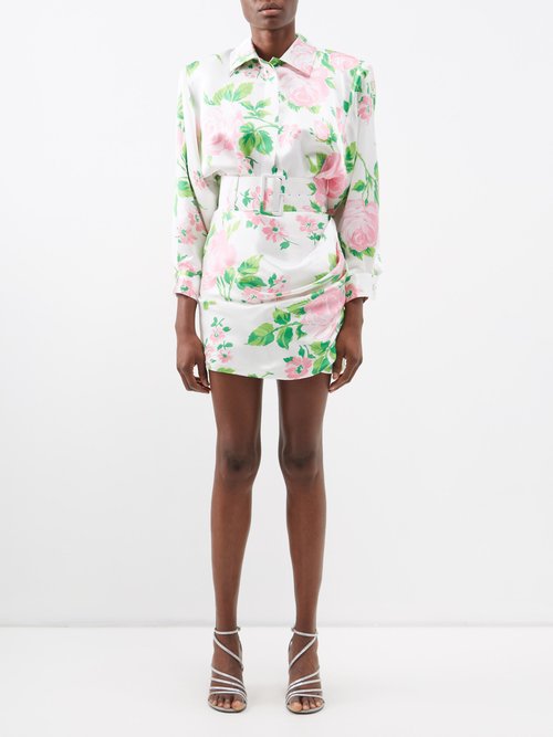 Richard Quinn - Ella Floral Print Silk Mini Dress - Womens - White Pink Green