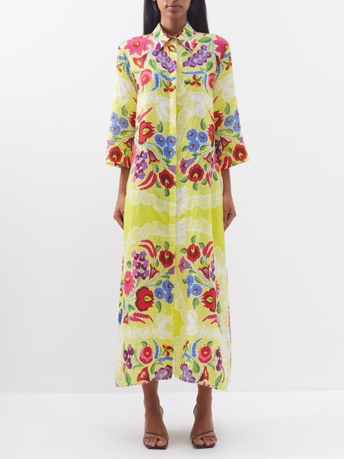 By Walid Titi Day Of The Dead Linen Shirt Dress In Yellow