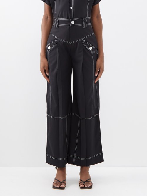 Lovebirds Topstitched Wide-leg Twill Trousers