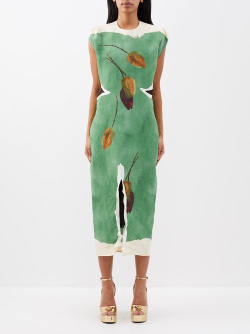 Prada - Tulip-print Paper-effect Midi Dress - Womens - Green Multi