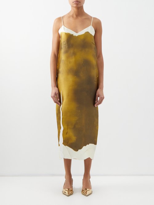 Prada - Paint-effect Print Silk-satin Slip Dress - Womens - Green Gold