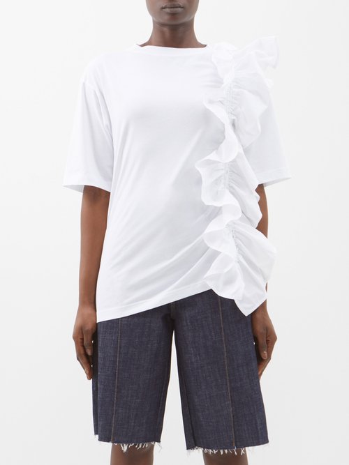 Az Factory - X Lutz Huelle Ruffled-trim Cotton T-shirt - Womens - White