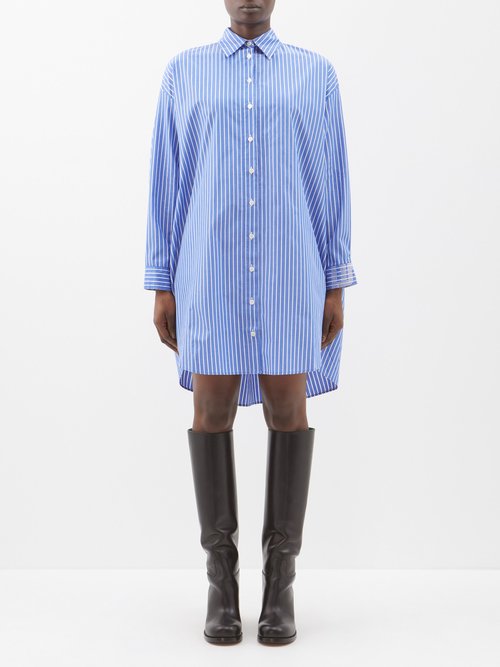 Az Factory - X Lutz Huelle Parachute Striped Cotton Shirt Dress - Womens - White Blue