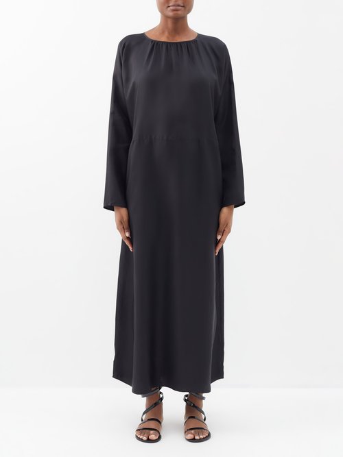 Asceno - Rhodes Long-sleeved Silk Maxi Dress - Womens - Black