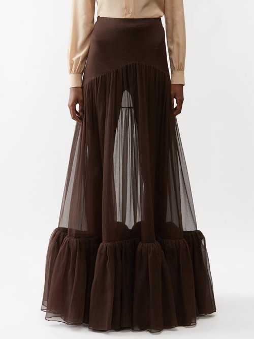 Saint Laurent - Ruffled Silk-cigaline Maxi Skirt - Womens - Brown