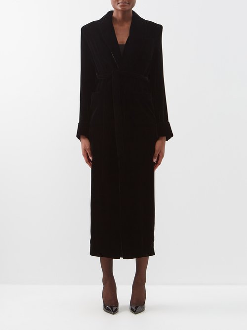 Saint Laurent - Belted Velvet Robe Coat - Womens - Black