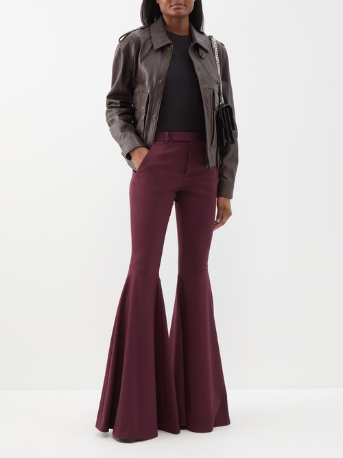 Bell-bottom Twill Flared Trousers In Burgundy