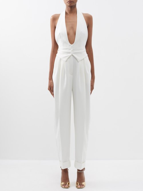 alexandre vauthier - halterneck tailored wool waistcoat jumpsuit womens white