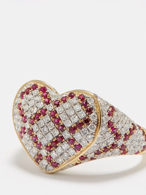 Signet Ring Coeur - Coral, diamond and yellow gold - Yvonne Léon