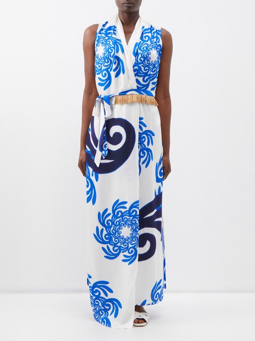 Themis Z Thalasso Swirl-printed Satin Wrap Dress In Blue White | ModeSens